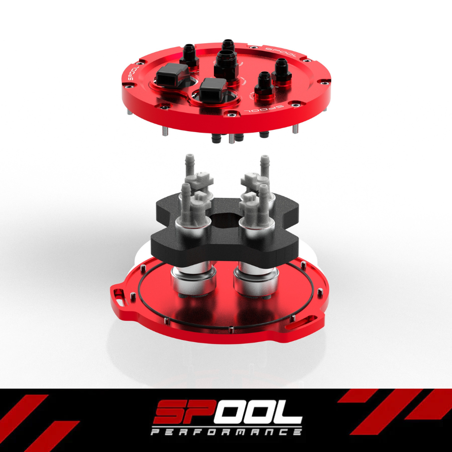 Spool Performance split fuel surge tank exploded-view internal pump mounting